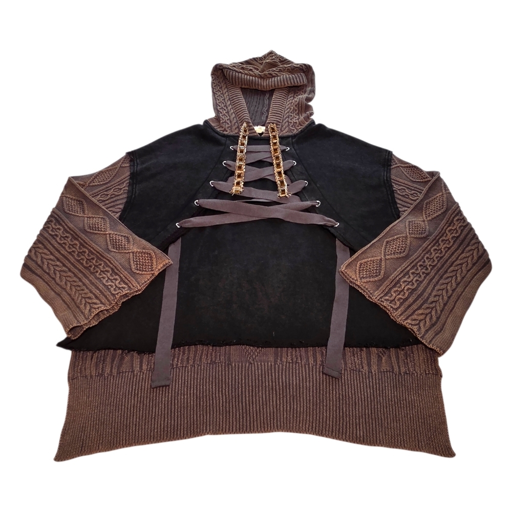 POL Rebel Lace Up Knit Hoodie Mineral Wash Brown Black Boho Grunge Small NWOT - Picture 5 of 16